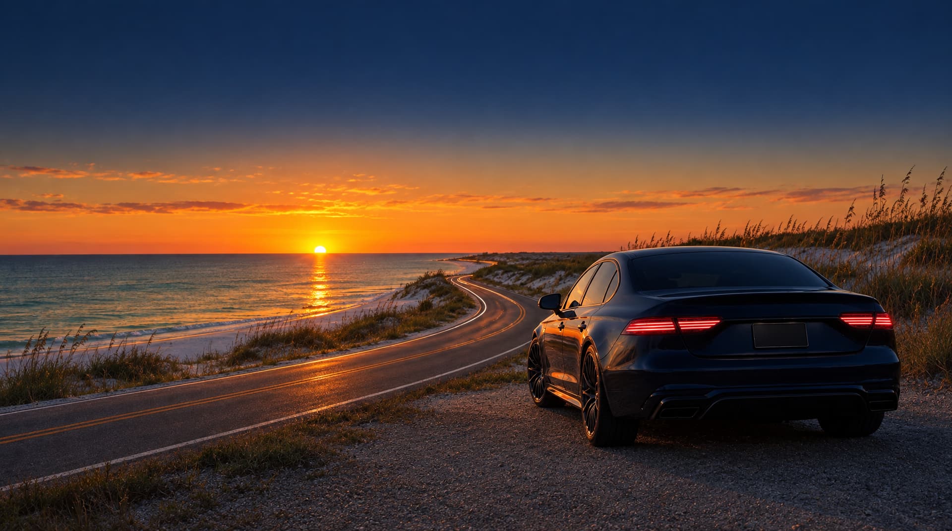 A dark sedan parked beside a coastal highway on the Gulf Coast at sunset, white-sand beach and dunes alongside the road, the sun touching the water.